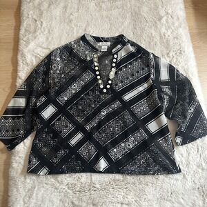 Bend Over Black White Geometric Print Blouse Tunic Top Button Front Petit Medium